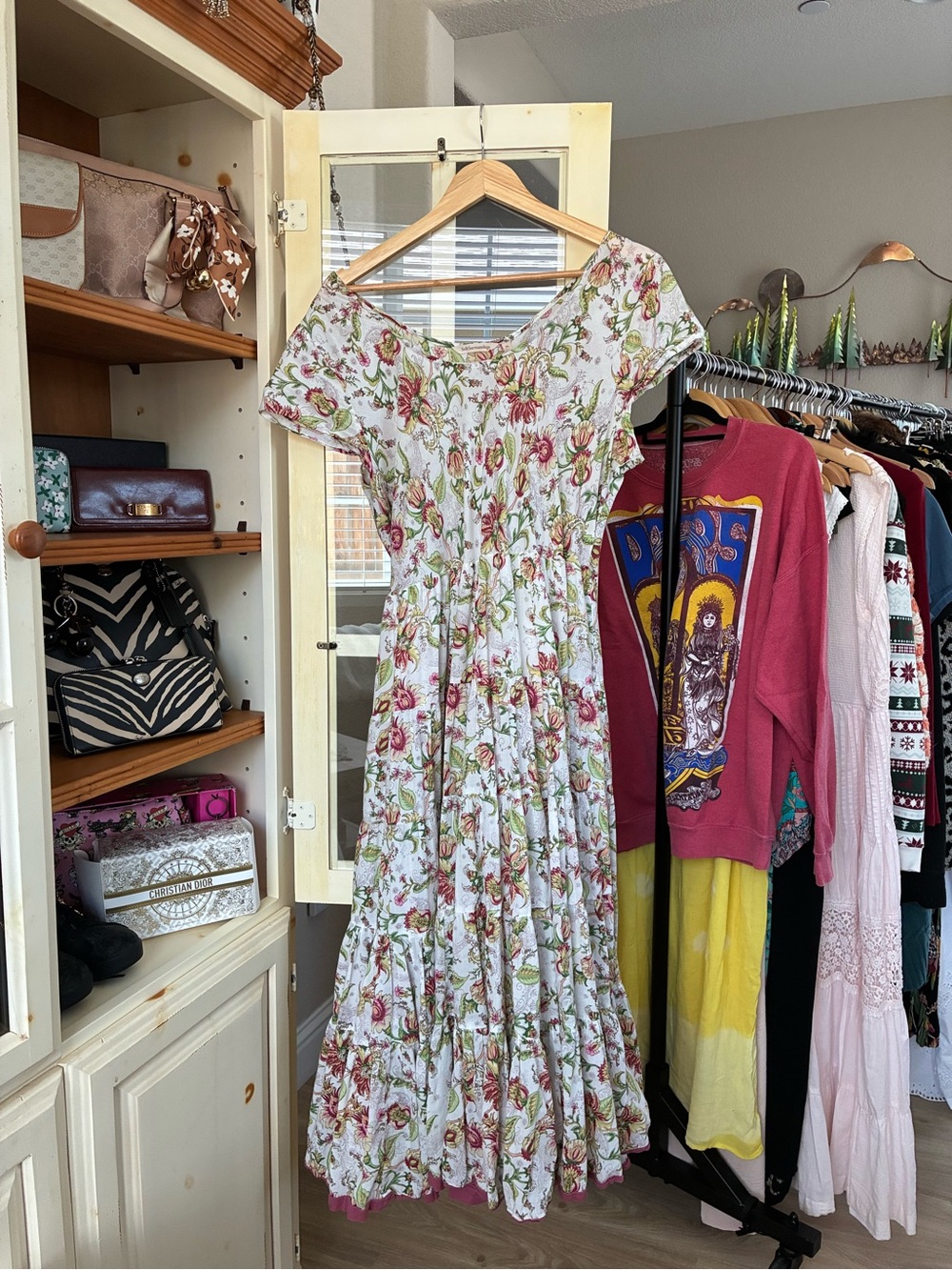 Soft Surroundings White Floral Tiered Maxi Dress with Pink & Green Accents